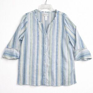 Alfred Dunner Blue Green Striped Button Front Blouse 3/4 Sleeve Crochet Lace L